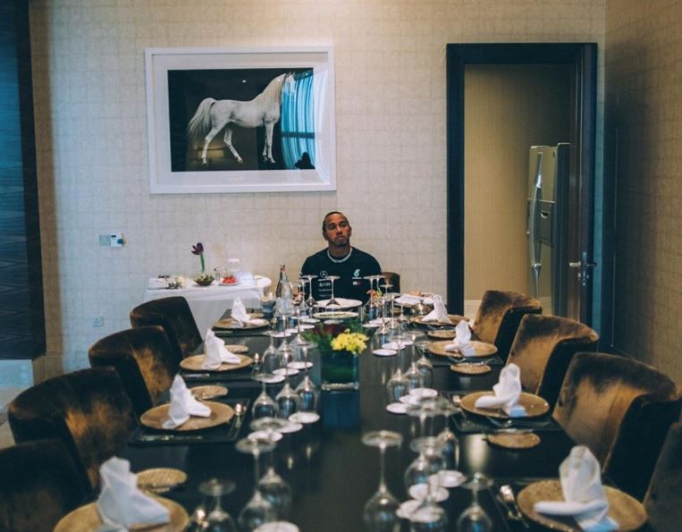 Lewis Hamilton at his dining table - enlarge